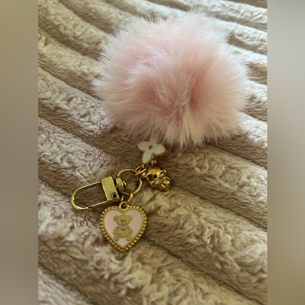 Cute Pink Pompom Puff Gold Keychain Bag Charm with Teddy Bear and Star Flower - Picture 3 of 5